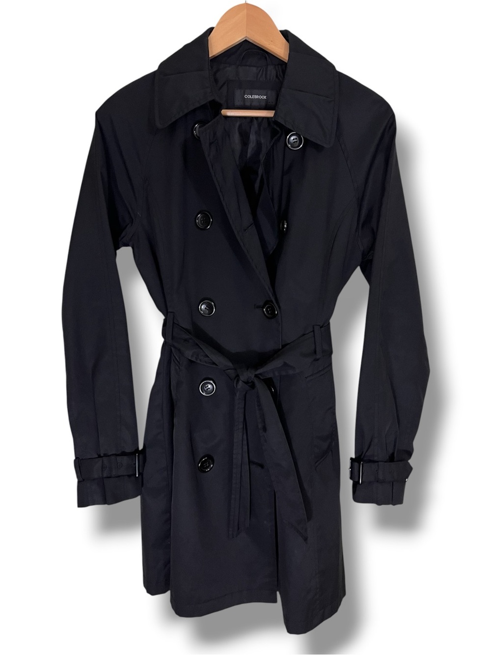 Colebrook Women’s Double Breasted Black Trench Coat W/ Tie Belt Size Medium